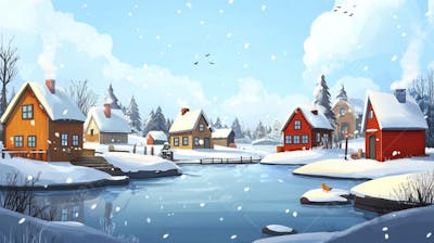 Ilustração Digital de Vila de Pescadores no Inverno com Casas Coloridas e Neve Caindo