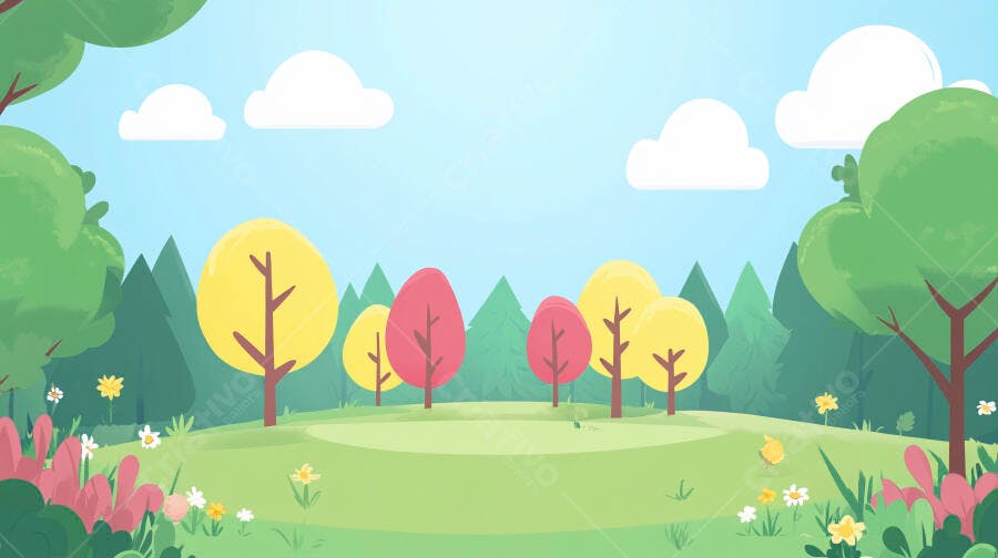 Paisagem primaveril com árvores coloridas e flores