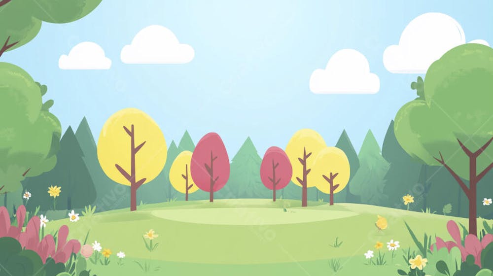 Ilustração Digital de Floresta Verdejante na Primavera com Luz Solar Filtrada