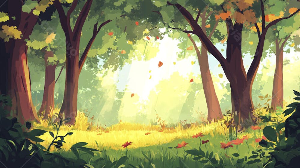 Ilustração Digital de Floresta Verdejante na Primavera com Luz Solar Filtrada
