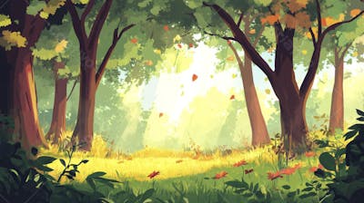 Ilustração Digital de Floresta Verdejante na Primavera com Luz Solar Filtrada