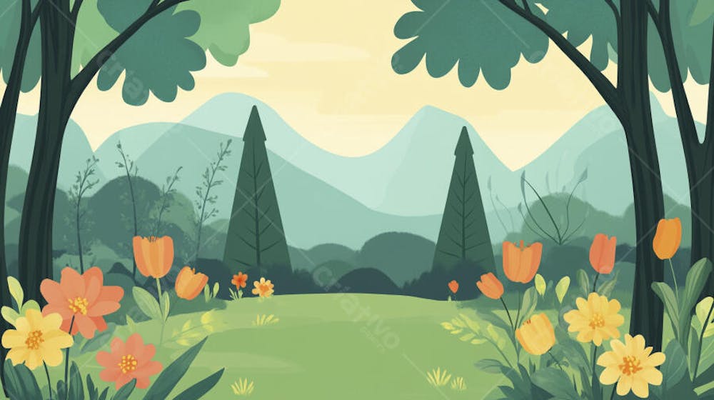 Ilustração Digital de Floresta Verdejante na Primavera com Luz Solar Filtrada