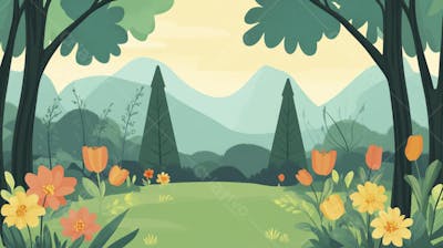 Ilustração Digital de Floresta Verdejante na Primavera com Luz Solar Filtrada