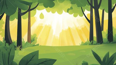 Ilustração Digital de Floresta Verdejante na Primavera com Luz Solar Filtrada