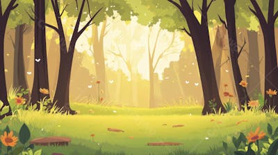 Ilustração Digital de Floresta Verdejante na Primavera com Luz Solar Filtrada