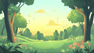 Ilustração Digital de Floresta Verdejante na Primavera com Luz Solar Filtrada