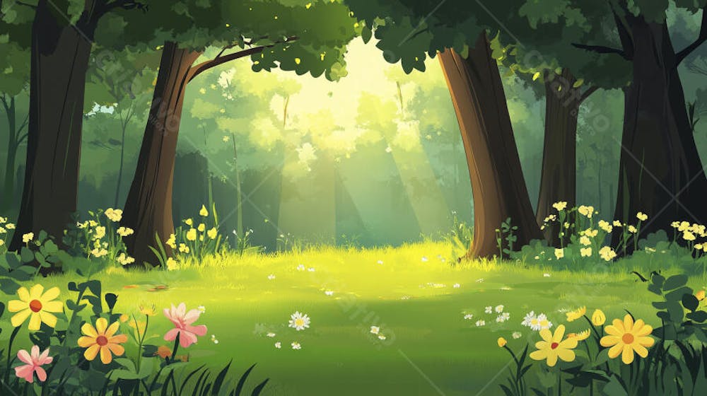 Ilustração Digital de Floresta Verdejante na Primavera com Luz Solar Filtrada