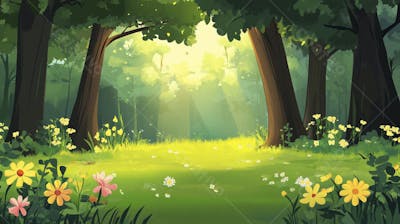 Ilustração Digital de Floresta Verdejante na Primavera com Luz Solar Filtrada