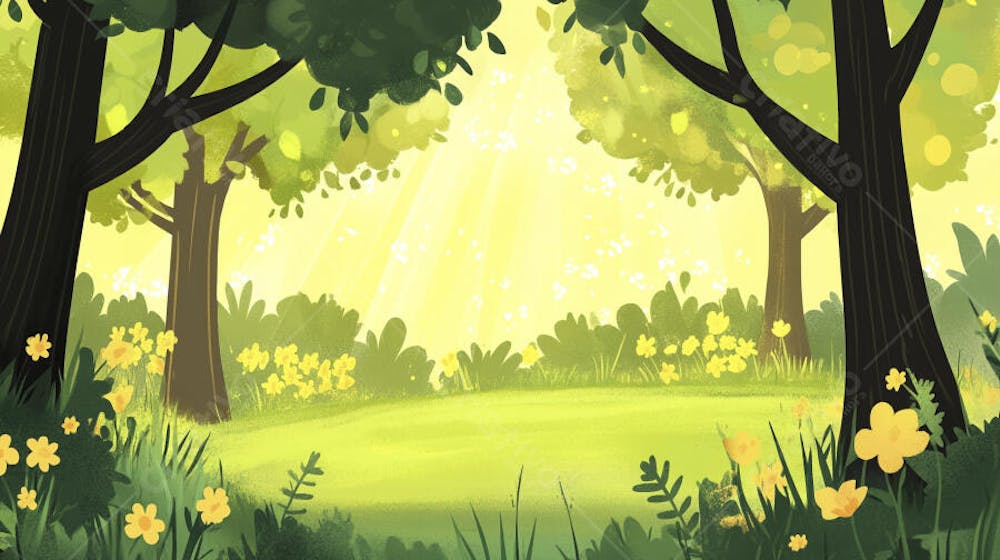 Ilustração Digital de Floresta Verdejante na Primavera com Luz Solar Filtrada