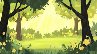 Ilustração Digital de Floresta Verdejante na Primavera com Luz Solar Filtrada