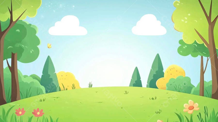 Paisagem primaveril com árvores e flores