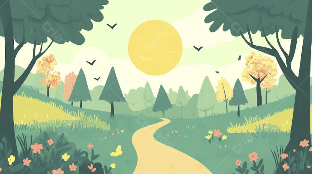Ilustração Digital de Floresta Verdejante na Primavera com Luz Solar Filtrada
