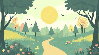Ilustração Digital de Floresta Verdejante na Primavera com Luz Solar Filtrada