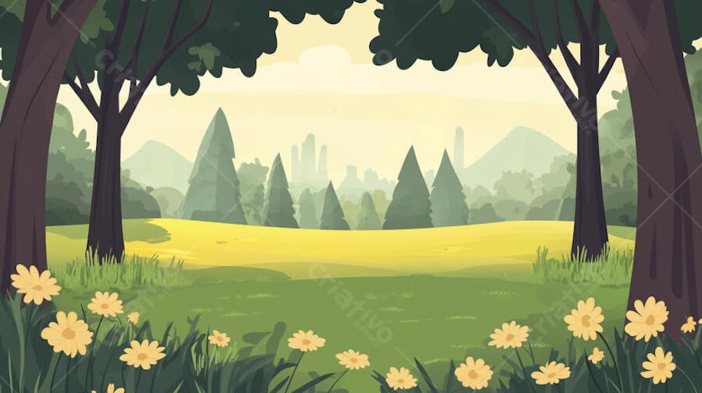 Ilustração Digital de Floresta Verdejante na Primavera com Luz Solar Filtrada