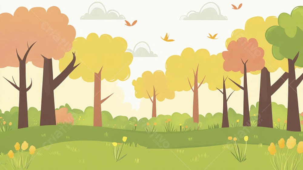 Ilustração Digital de Floresta Verdejante na Primavera com Luz Solar Filtrada