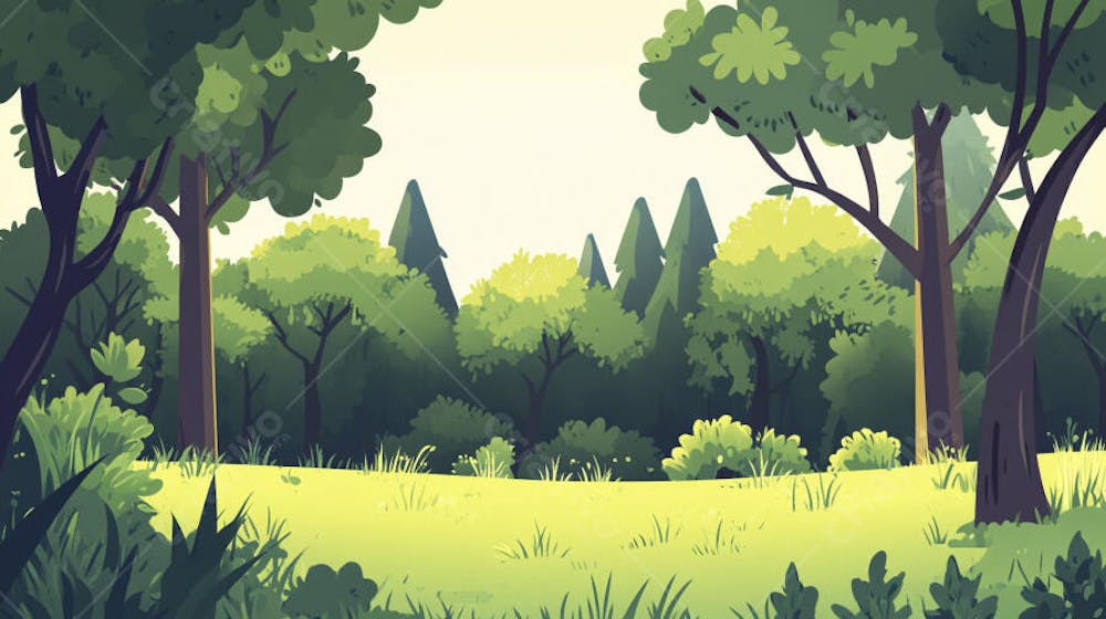 Ilustração Digital de Floresta Verdejante na Primavera com Luz Solar Filtrada