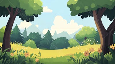 Ilustração Digital de Floresta Verdejante na Primavera com Luz Solar Filtrada
