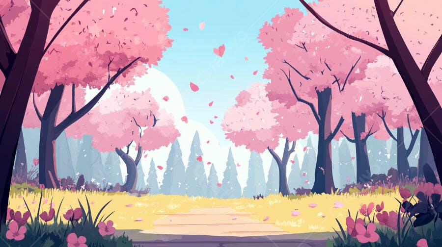 Trilha floral em bosque de cerejeiras
