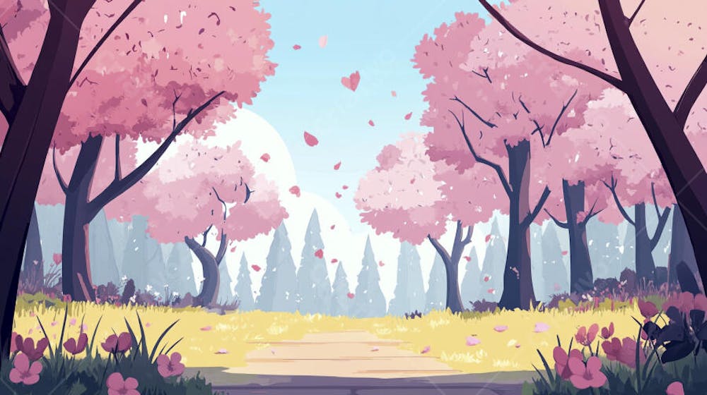 Ilustração Digital de Floresta Verdejante na Primavera com Luz Solar Filtrada