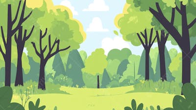 Ilustração Digital de Floresta Verdejante na Primavera com Luz Solar Filtrada