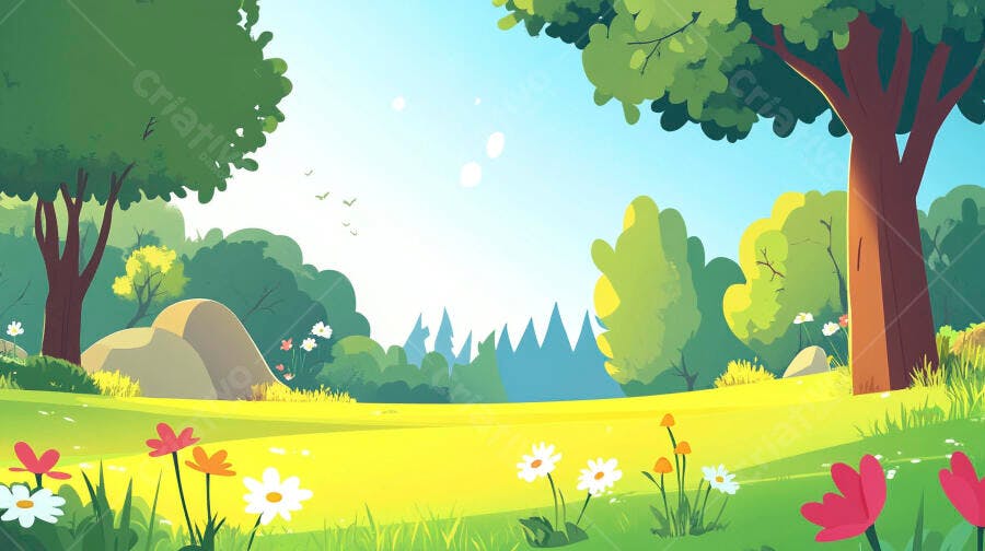 Paisagem primaveril com flores e árvores verdes