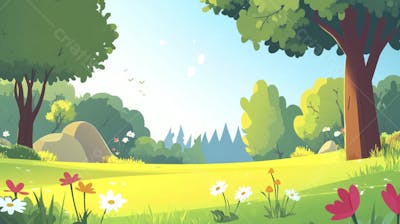 Ilustração Digital de Floresta Verdejante na Primavera com Luz Solar Filtrada