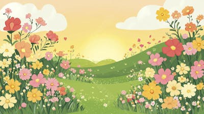 Ilustração Digital de Jardim Florido na Primavera com Céu Claro e Copy Space