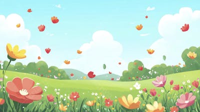 Ilustração Digital de Jardim Florido na Primavera com Céu Claro e Copy Space