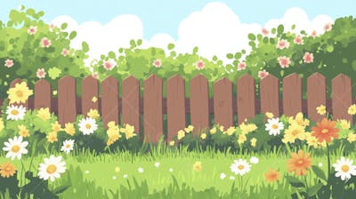 Ilustração Digital de Jardim Florido na Primavera com Céu Claro e Copy Space