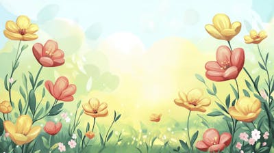 Ilustração Digital de Jardim Florido na Primavera com Céu Claro e Copy Space