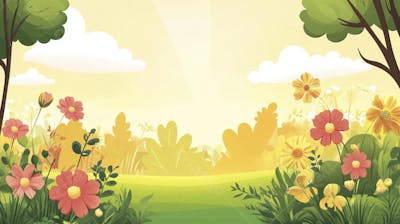 Ilustração Digital de Jardim Florido na Primavera com Céu Claro e Copy Space