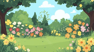 Ilustração Digital de Jardim Florido na Primavera com Céu Claro e Copy Space