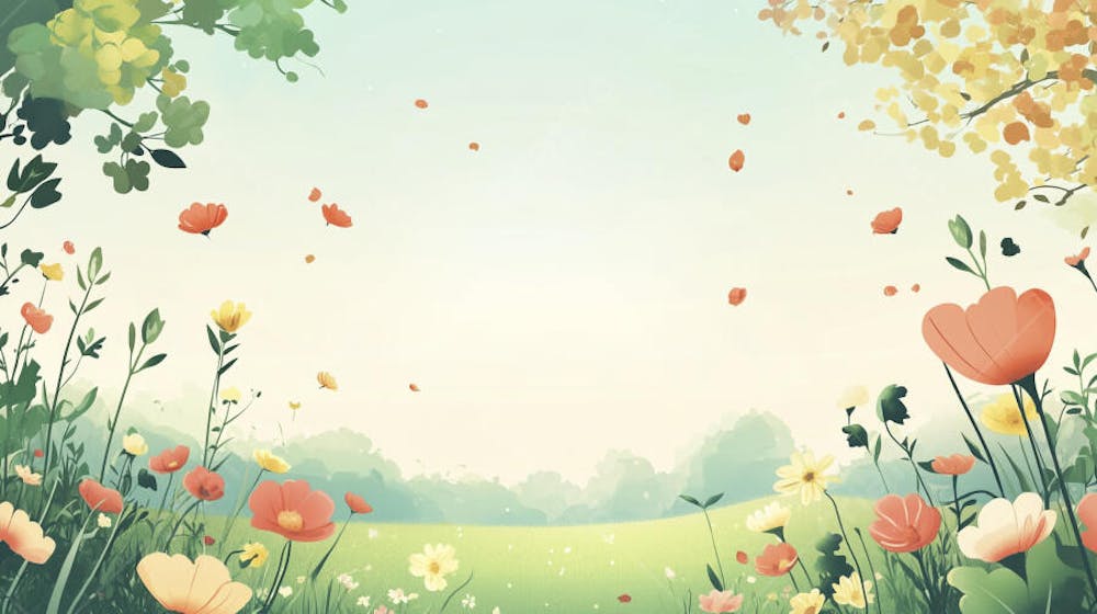 Ilustração Digital de Jardim Florido na Primavera com Céu Claro e Copy Space