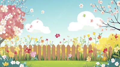Ilustração Digital de Jardim Florido na Primavera com Céu Claro e Copy Space