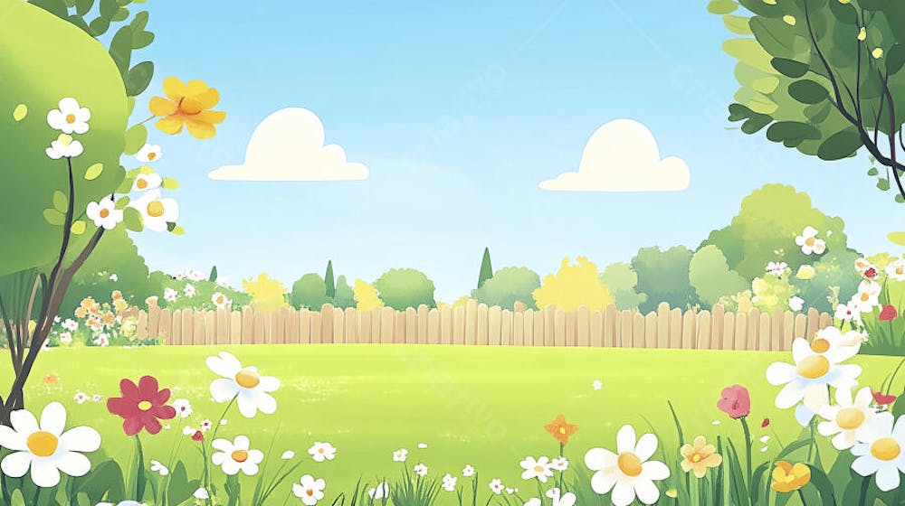 Ilustração Digital de Jardim Florido na Primavera com Céu Claro e Copy Space