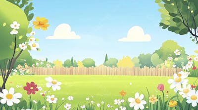 Ilustração Digital de Jardim Florido na Primavera com Céu Claro e Copy Space