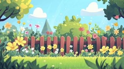 Ilustração Digital de Jardim Florido na Primavera com Céu Claro e Copy Space