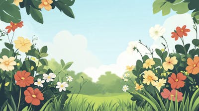 Ilustração Digital de Jardim Florido na Primavera com Céu Claro e Copy Space