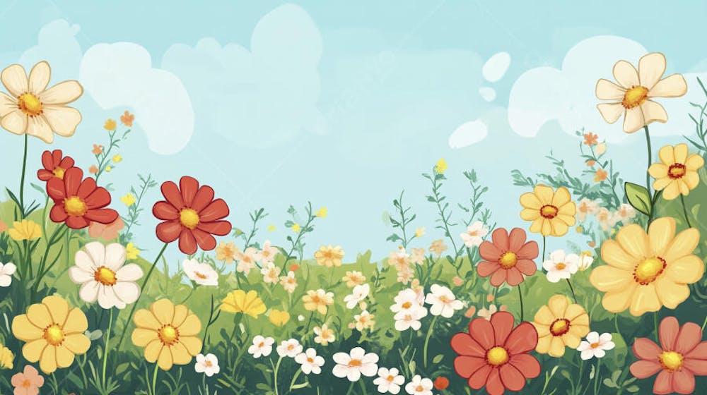 Ilustração Digital de Jardim Florido na Primavera com Céu Claro e Copy Space
