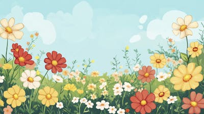 Ilustração Digital de Jardim Florido na Primavera com Céu Claro e Copy Space