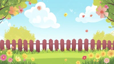 Ilustração Digital de Jardim Florido na Primavera com Céu Claro e Copy Space