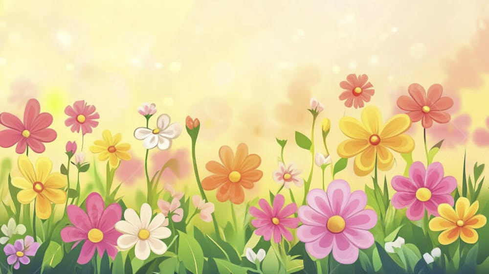 Ilustração Digital de Jardim Florido na Primavera com Céu Claro e Copy Space