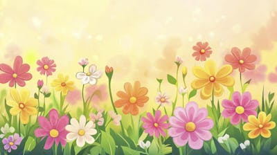 Ilustração Digital de Jardim Florido na Primavera com Céu Claro e Copy Space