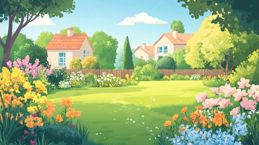 Jardim florido com casas em dia ensolarado