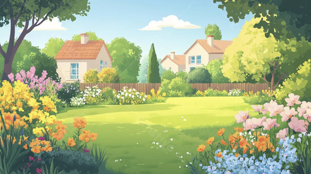 Ilustração Digital de Jardim Florido na Primavera com Céu Claro e Copy Space