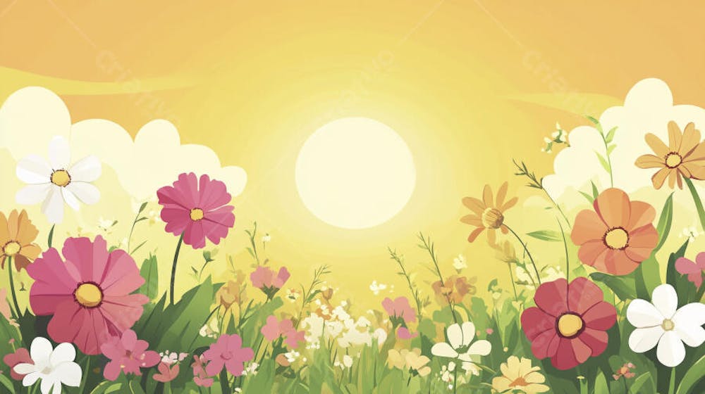 Ilustração Digital de Jardim Florido na Primavera com Céu Claro e Copy Space