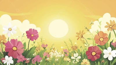 Ilustração Digital de Jardim Florido na Primavera com Céu Claro e Copy Space