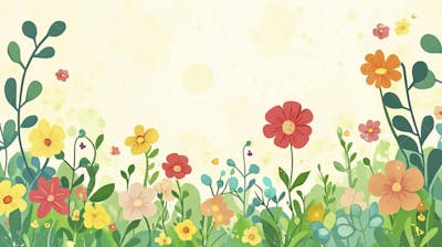 Ilustração Digital de Jardim Florido na Primavera com Céu Claro e Copy Space