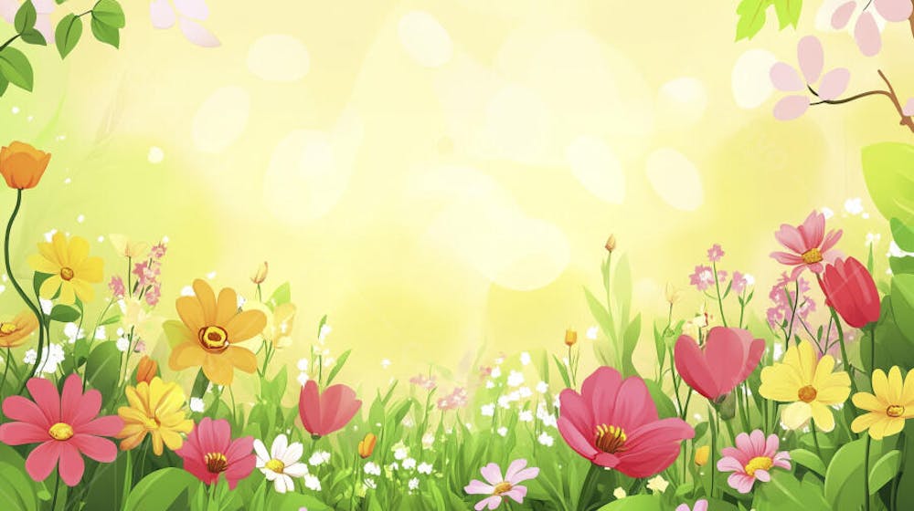 Ilustração Digital de Jardim Florido na Primavera com Céu Claro e Copy Space