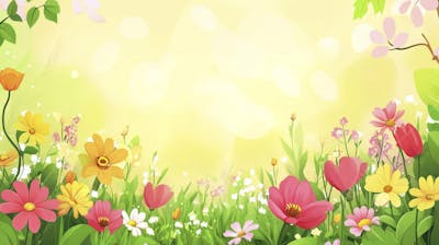 Ilustração Digital de Jardim Florido na Primavera com Céu Claro e Copy Space